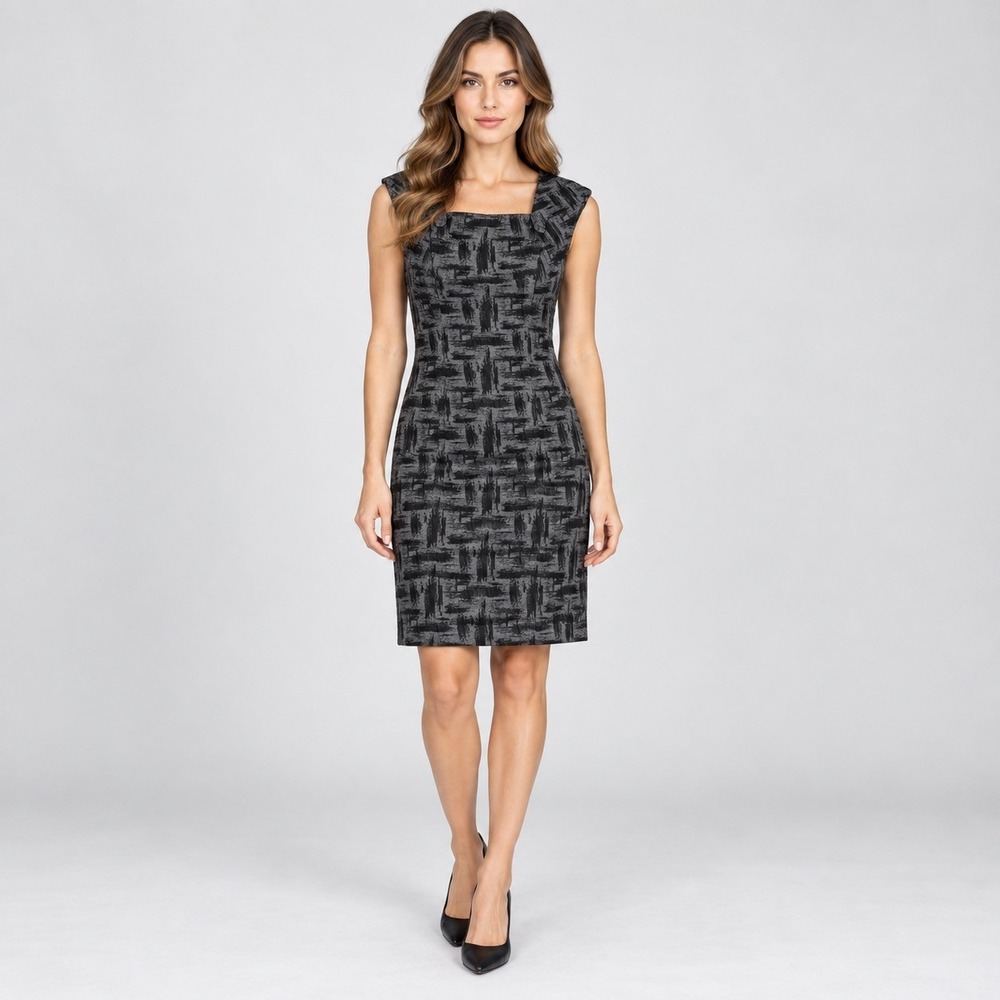 Calvin Klein Womens 6 Gray Black Sheath Dress Square Neck Office Siren Business